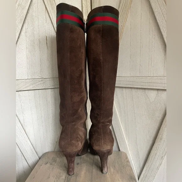 Gucci tall brown suede leather boots with classic web detail size 37 - Picture 5 of 15